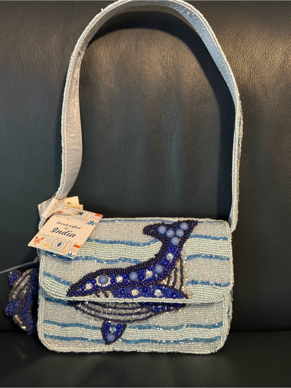 Handcrafted Beaded Whale Shoulder Bag - Blue